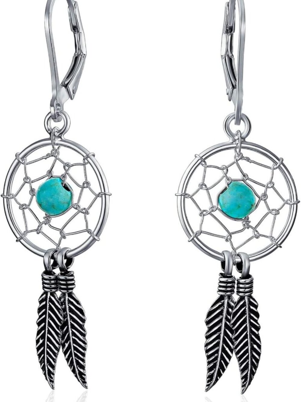 Turquoise Dream Catcher Feather Dangle Earrings in Sterling Silver - Boho Chic